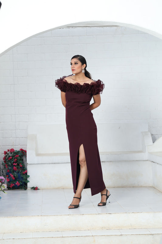 Maroon off-shoulder dress with ruffles