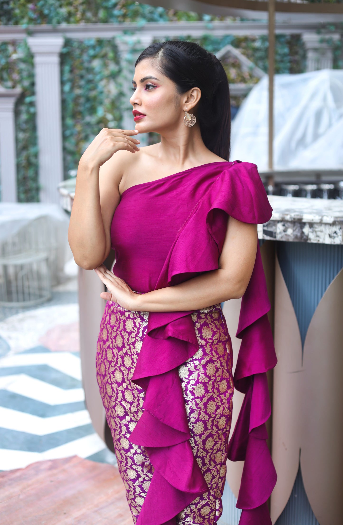 BROCADE PANTS AND RUFFLE TOP