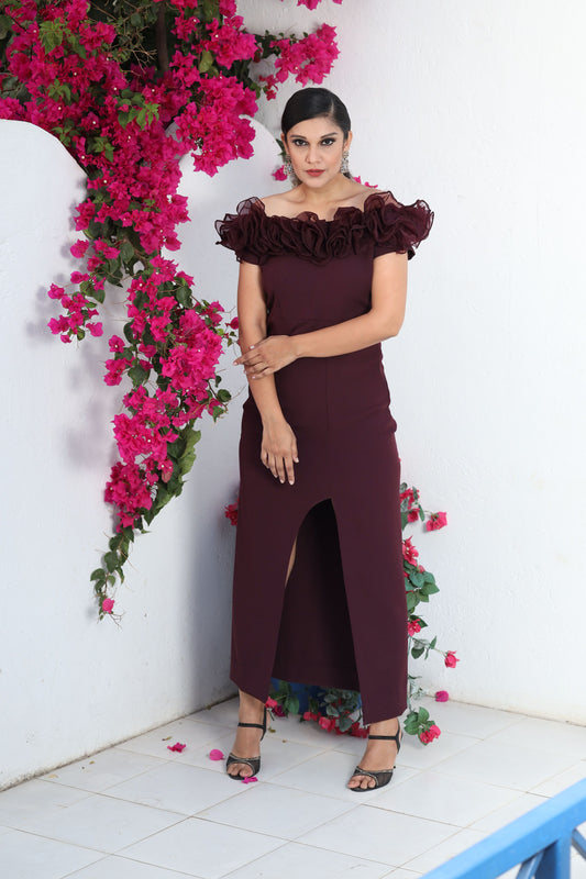 Maroon off-shoulder dress with ruffles