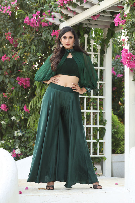 Green Heavy Crape green pants blouse set