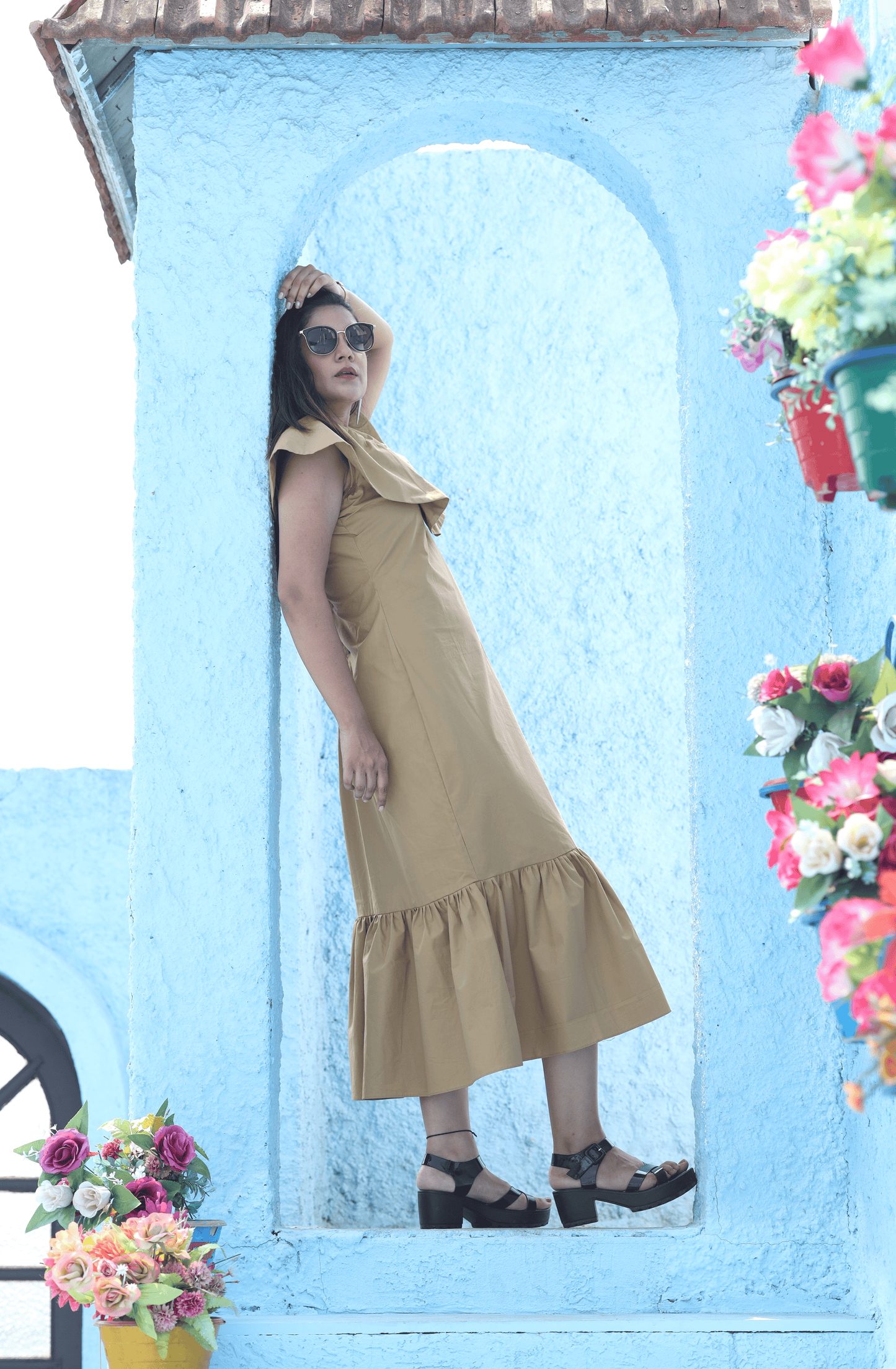 Beige Ruffled Poplin Dress