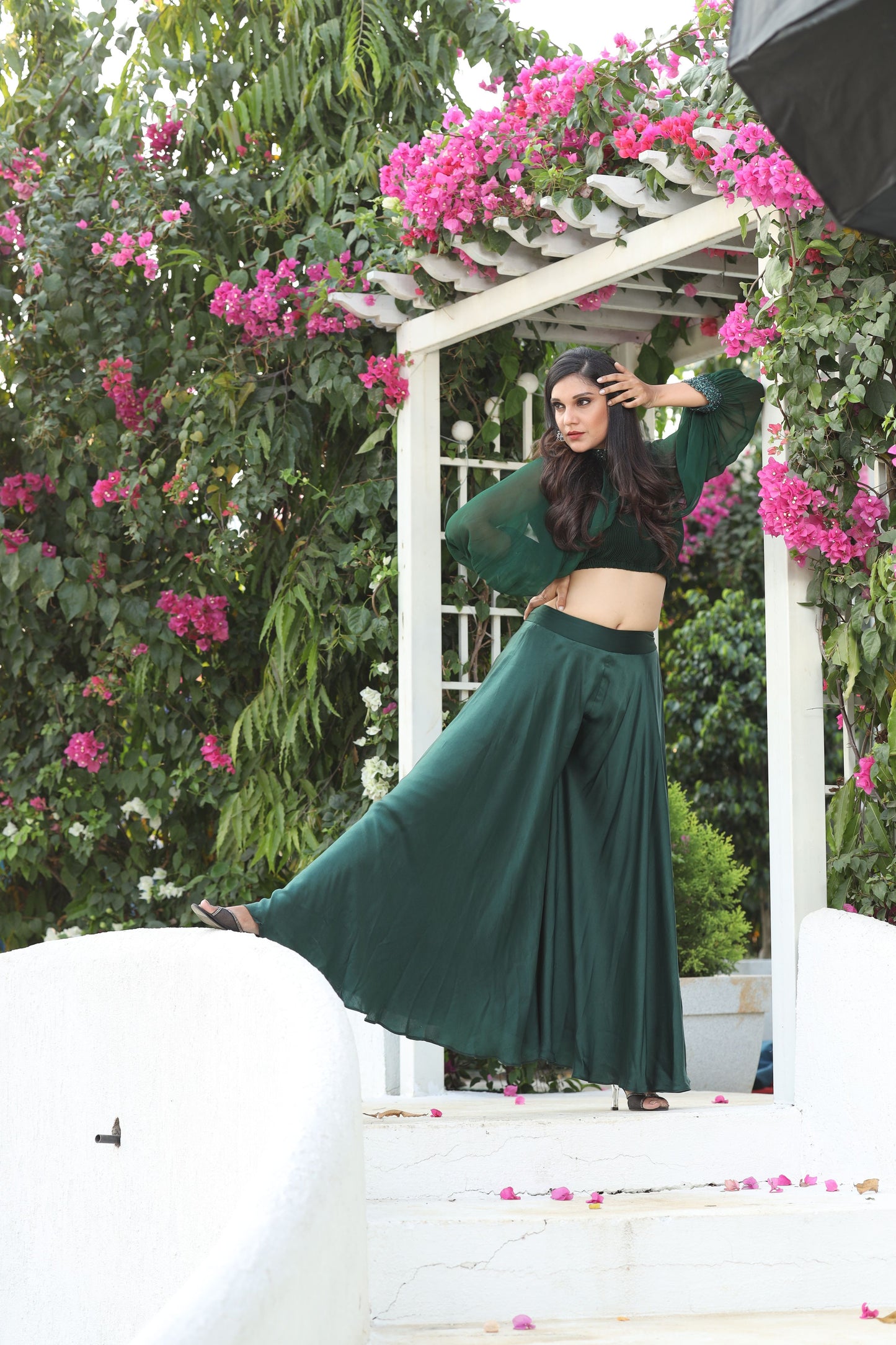 Green Heavy Crape green pants blouse set