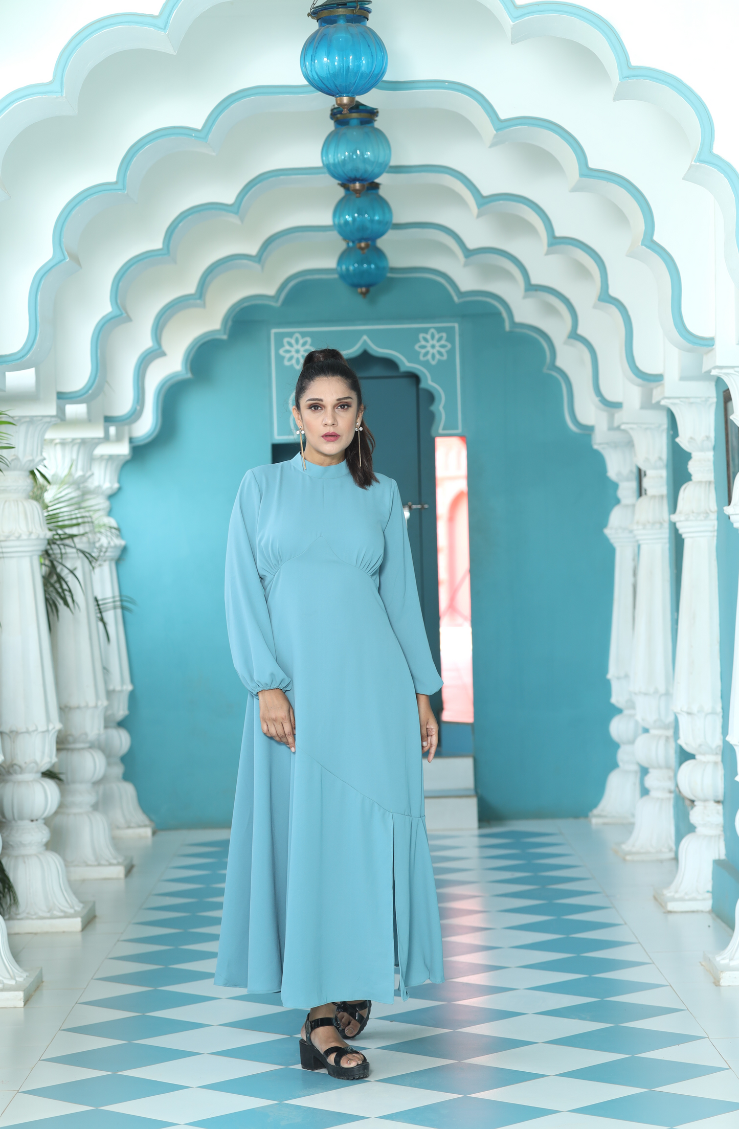 Blue Crape Dress with Leg Slit