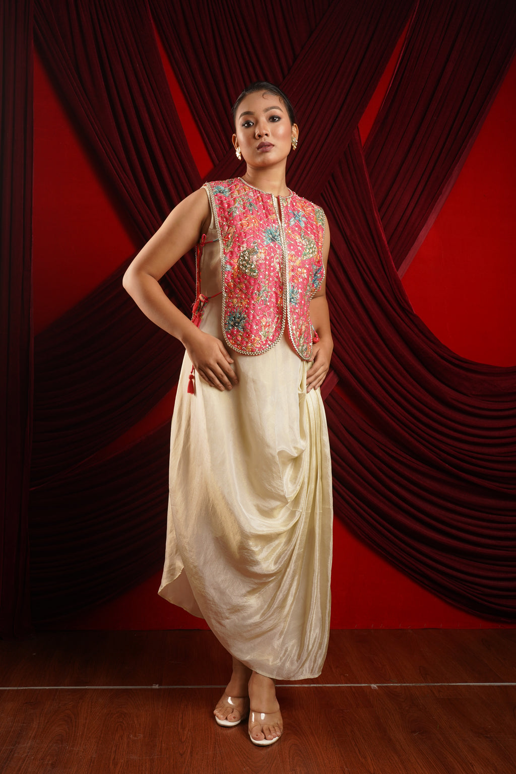 Gold drape dress with jacket