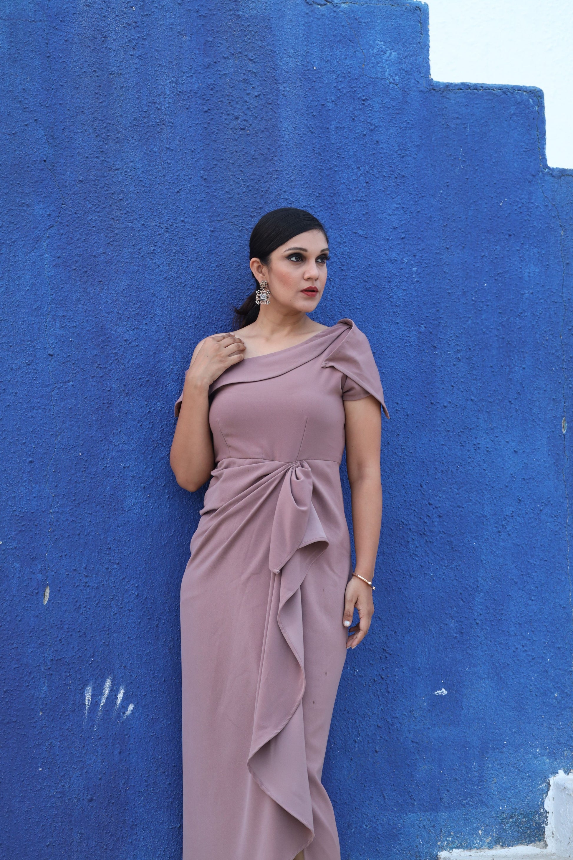 Pink Heavy crape dress with front ruffle - Main Image